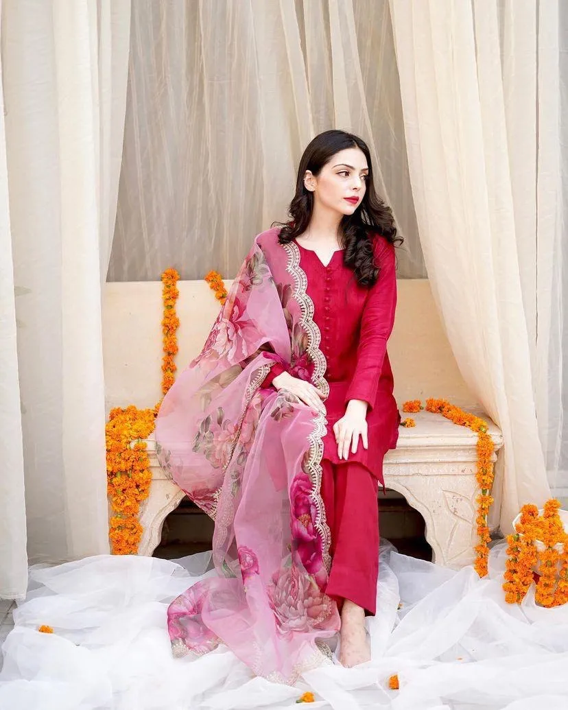 Red Sharara Palazzo Set in Cotton With Floral Dupatta