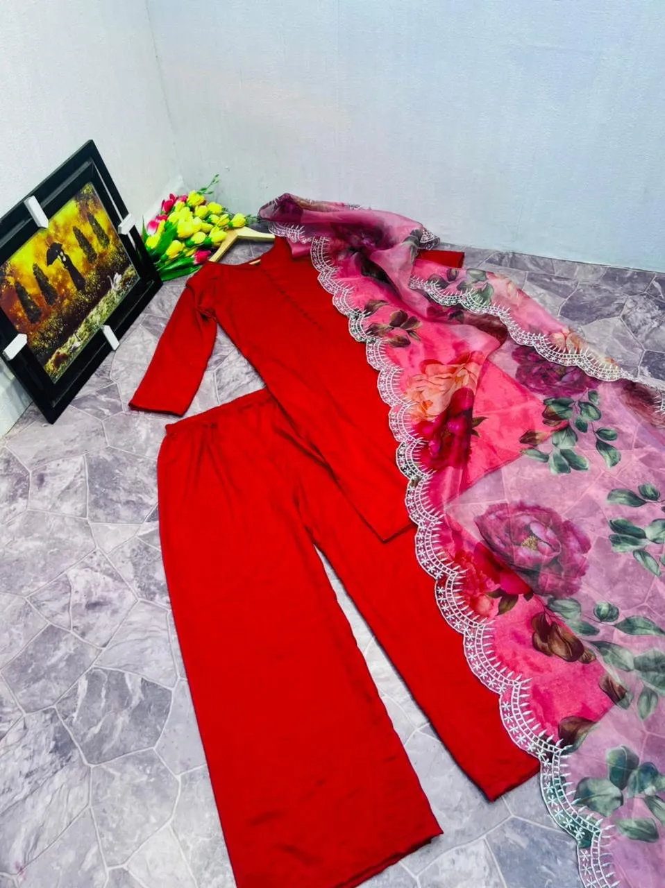 Red Sharara Palazzo Set in Cotton With Floral Dupatta