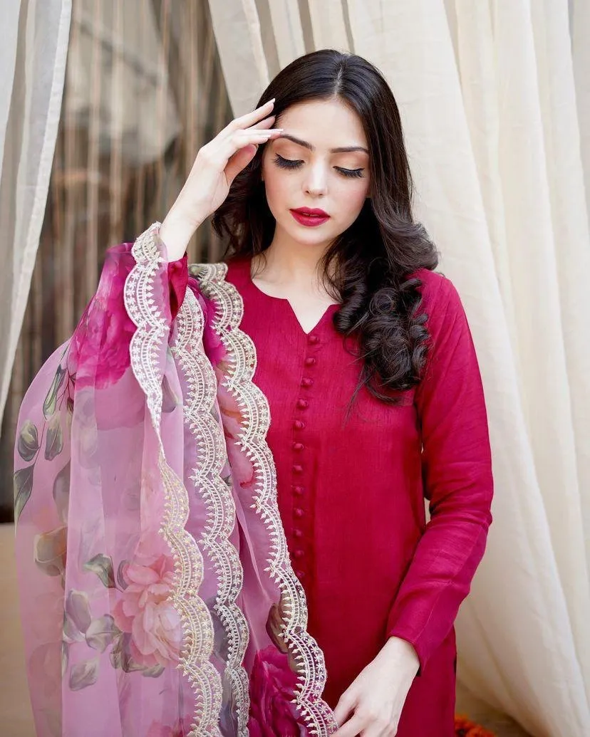 Red Sharara Palazzo Set in Cotton With Floral Dupatta