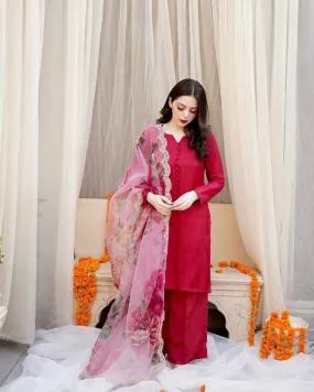 Red Sharara Palazzo Set in Cotton With Floral Dupatta