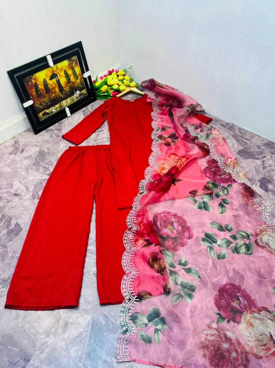 Red Sharara Palazzo Set in Cotton With Floral Dupatta