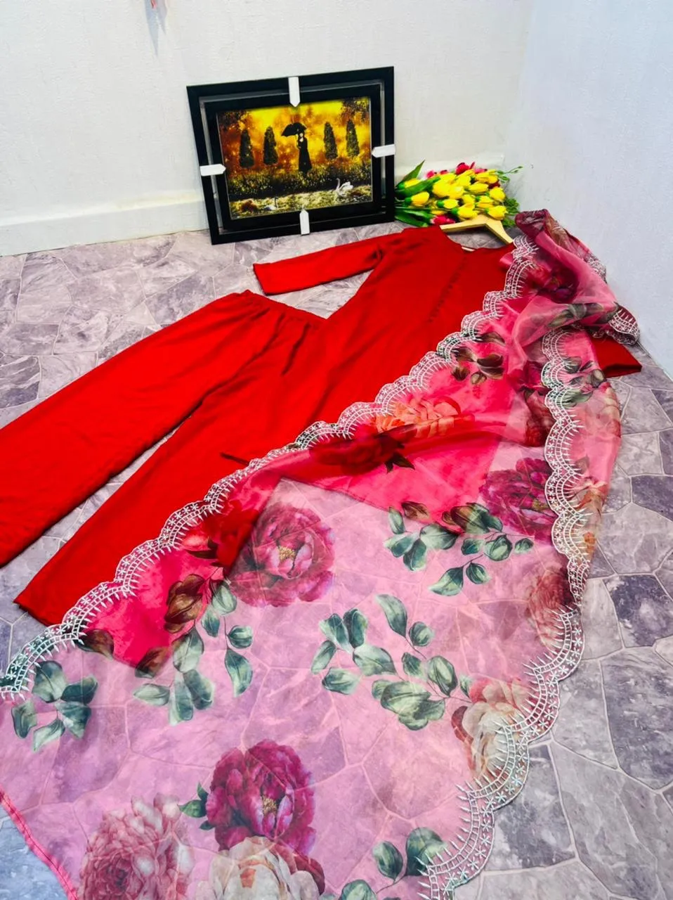 Red Sharara Palazzo Set in Cotton With Floral Dupatta