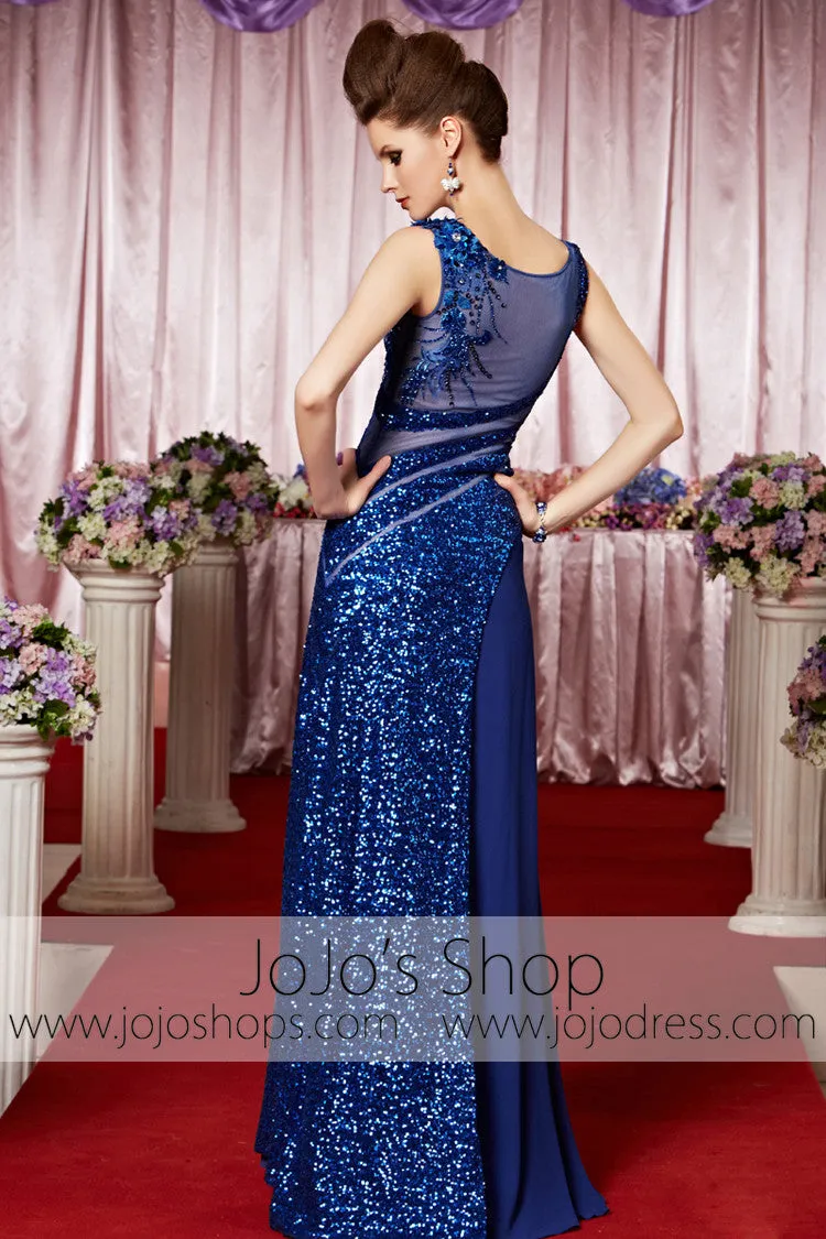 Royal Blue Sparkly Jewel Neck Modest Elegant Prom Formal Evening Dress CX830331