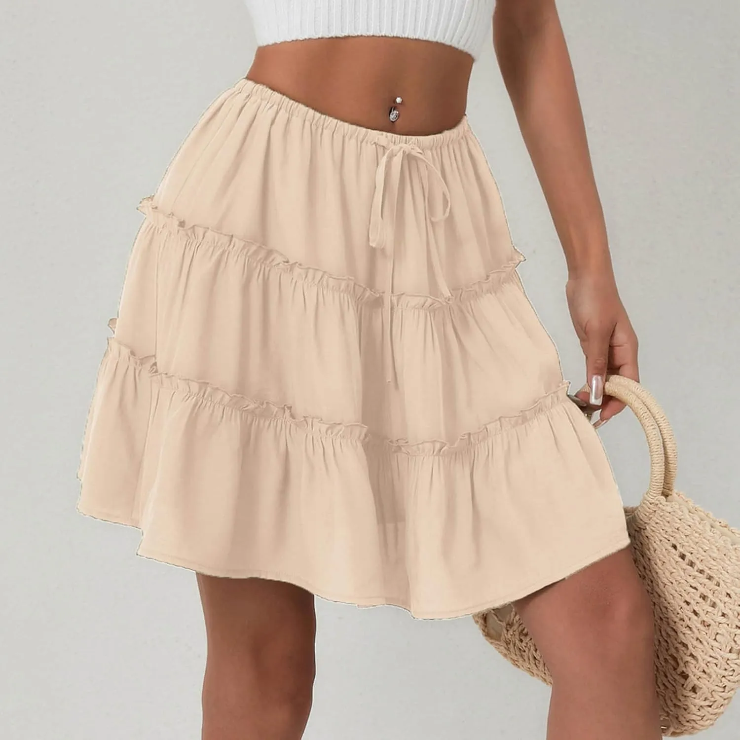 Ruffle High Waist Mini Skirt for Women Stretchy Lightweight Layered Solid Short Skirts Swing Casual Beach Shorts