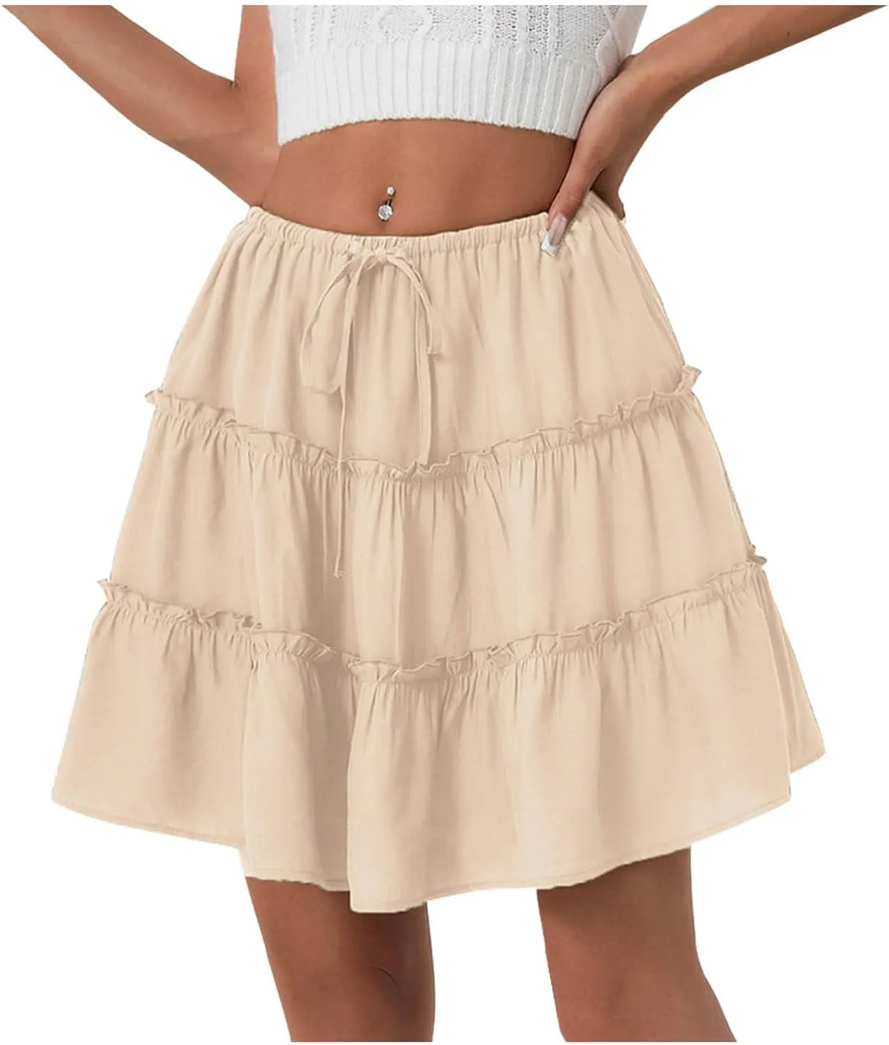 Ruffle High Waist Mini Skirt for Women Stretchy Lightweight Layered Solid Short Skirts Swing Casual Beach Shorts