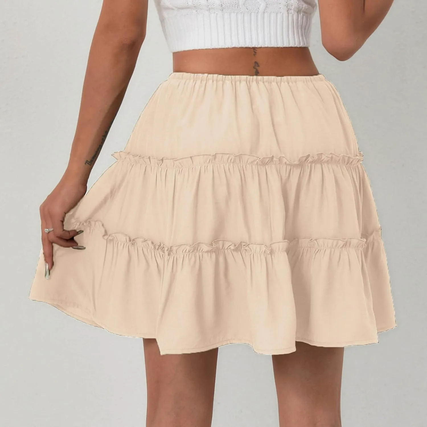 Ruffle High Waist Mini Skirt for Women Stretchy Lightweight Layered Solid Short Skirts Swing Casual Beach Shorts