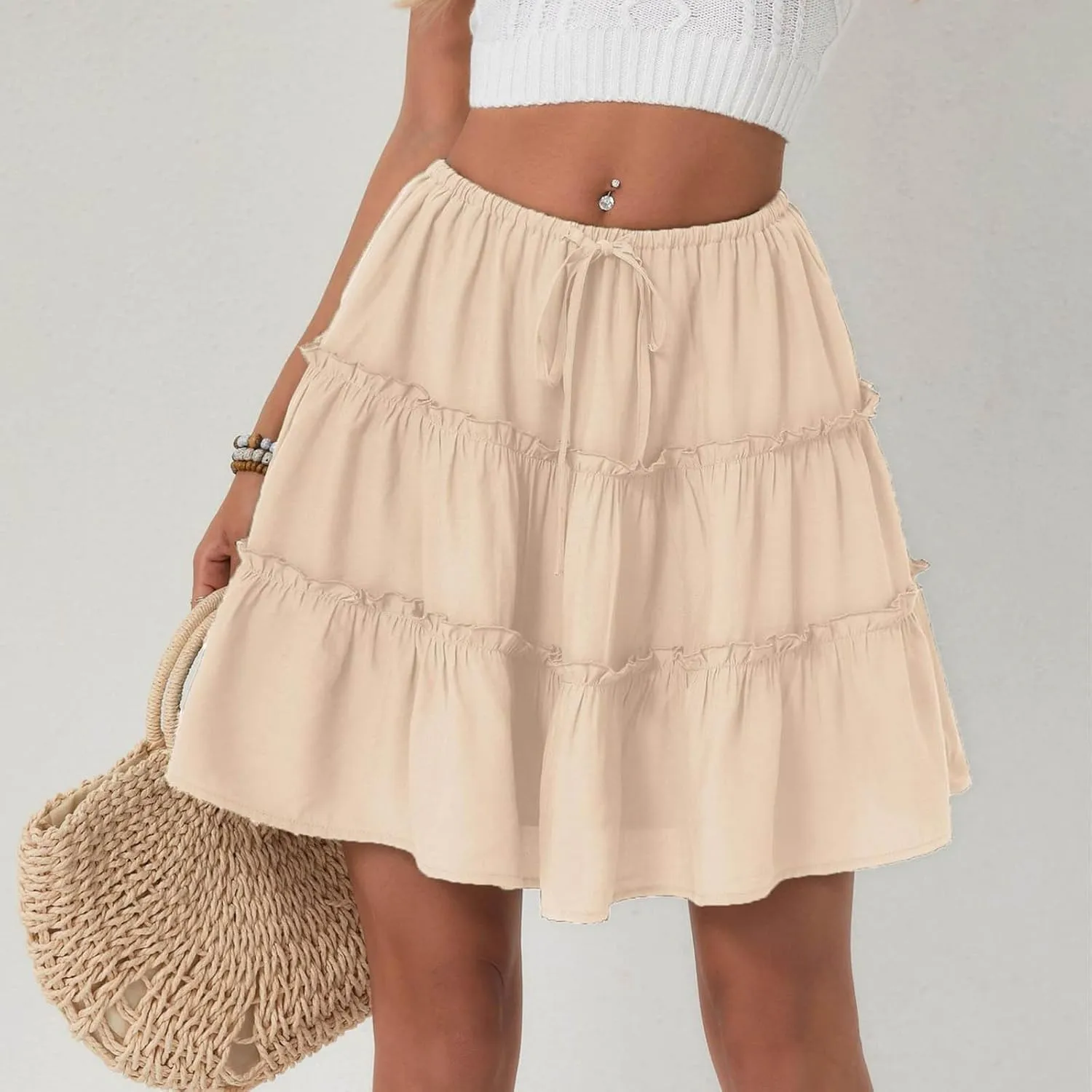 Ruffle High Waist Mini Skirt for Women Stretchy Lightweight Layered Solid Short Skirts Swing Casual Beach Shorts