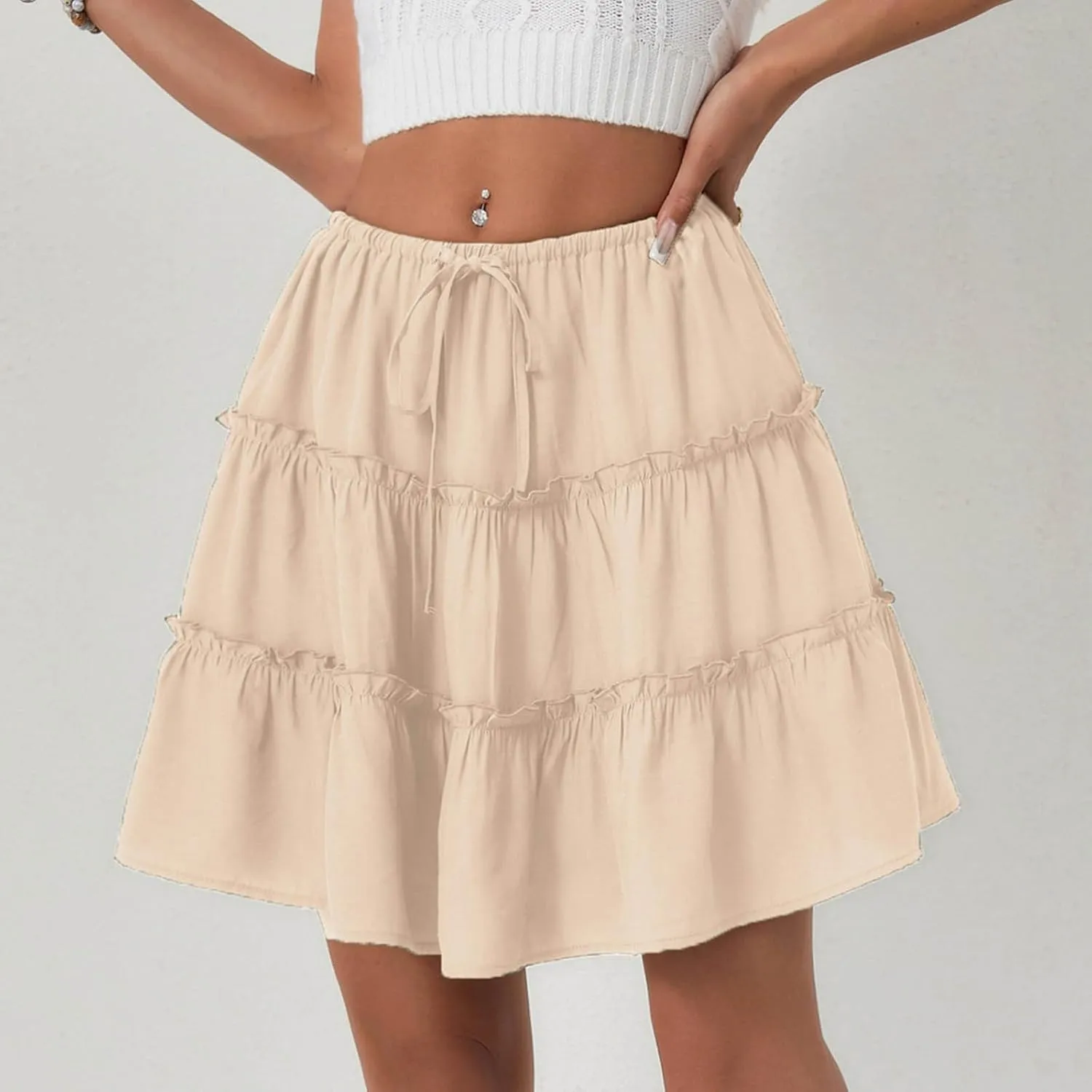 Ruffle High Waist Mini Skirt for Women Stretchy Lightweight Layered Solid Short Skirts Swing Casual Beach Shorts