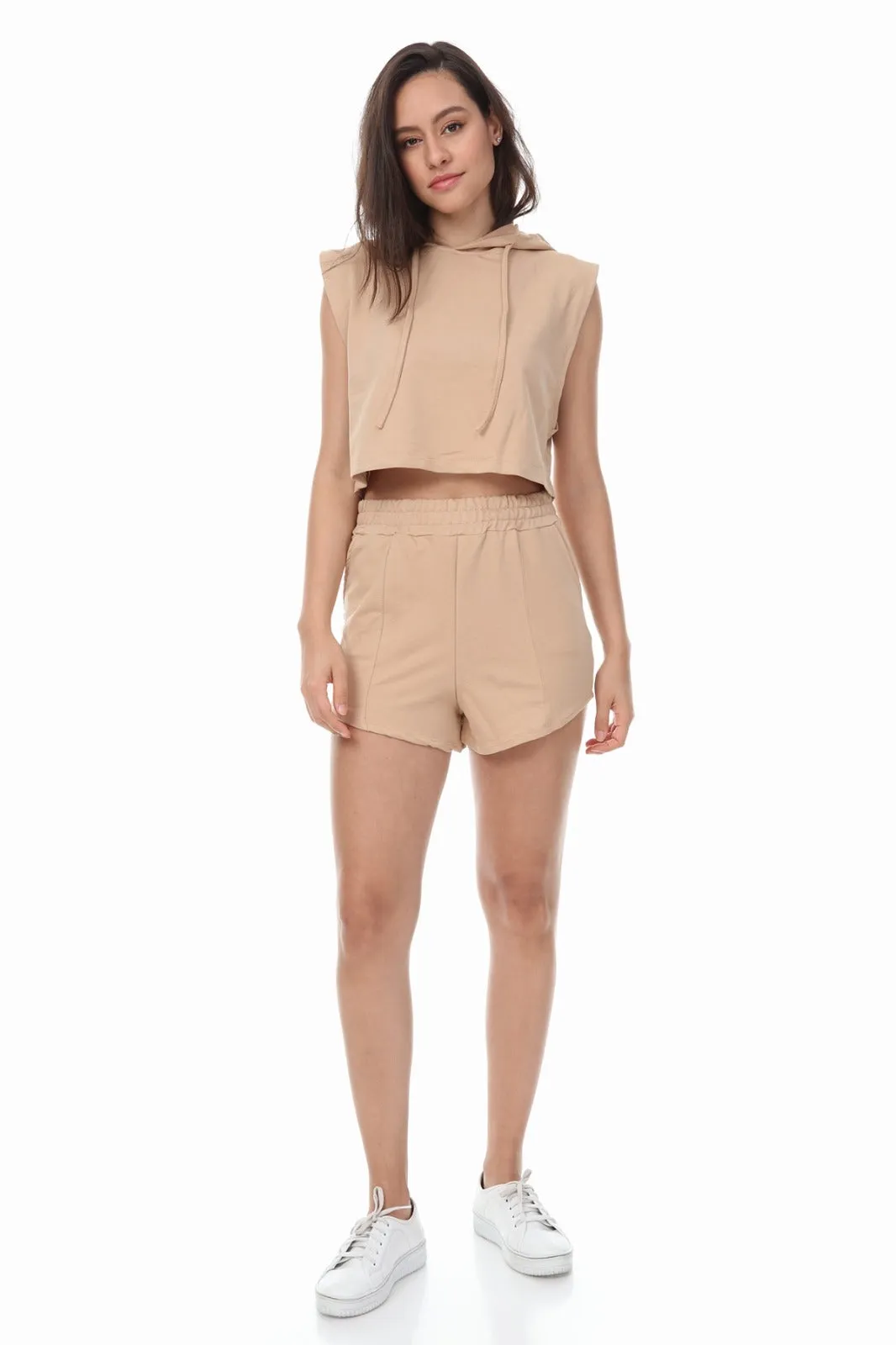 SLEEVELESS HOODIE AND DRAWSTRING SHORTS BEIGE LOUNGEWEAR SET