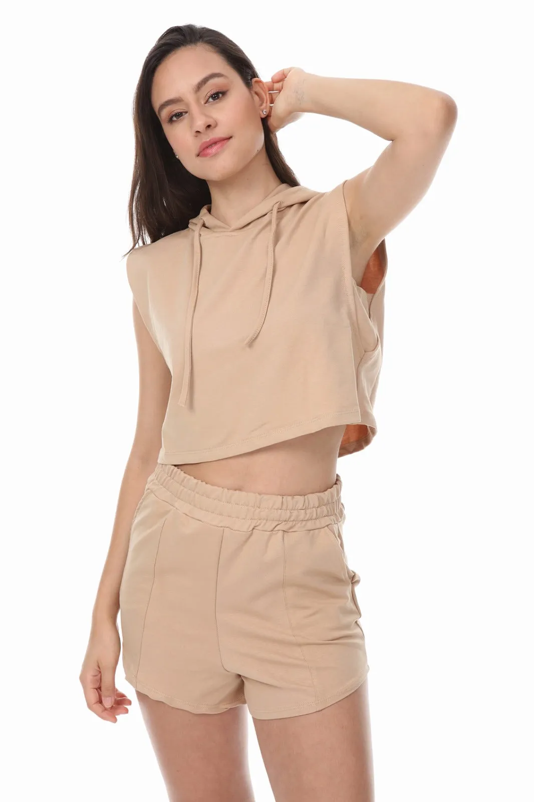 SLEEVELESS HOODIE AND DRAWSTRING SHORTS BEIGE LOUNGEWEAR SET
