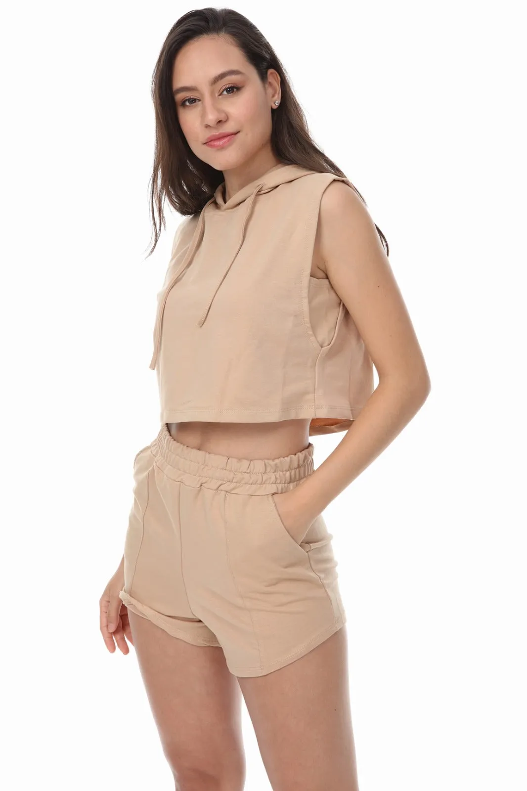 SLEEVELESS HOODIE AND DRAWSTRING SHORTS BEIGE LOUNGEWEAR SET