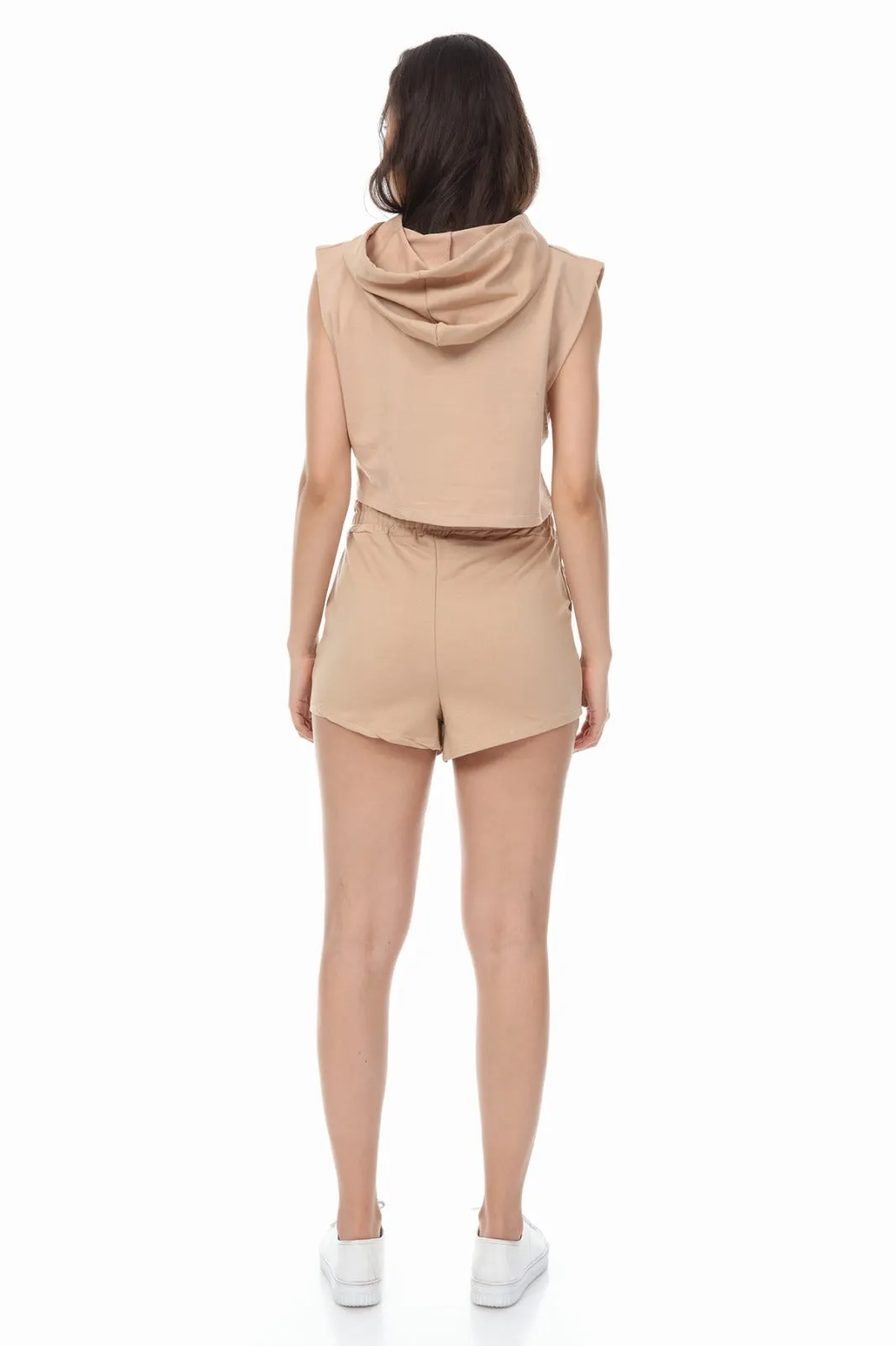 SLEEVELESS HOODIE AND DRAWSTRING SHORTS BEIGE LOUNGEWEAR SET