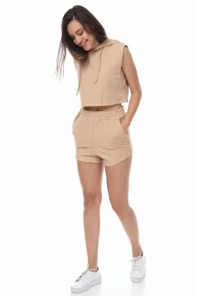 SLEEVELESS HOODIE AND DRAWSTRING SHORTS BEIGE LOUNGEWEAR SET