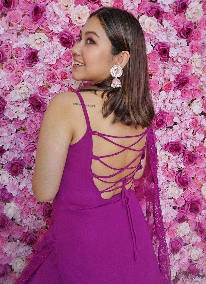 Sleeveless Sequins Work Wine Palazzo Suit