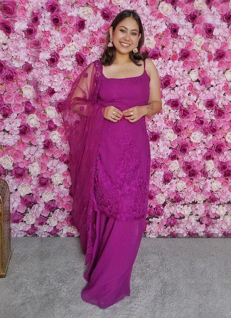 Sleeveless Sequins Work Wine Palazzo Suit