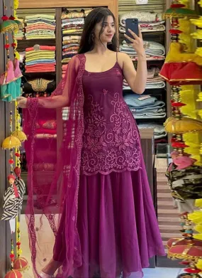 Sleeveless Sequins Work Wine Palazzo Suit