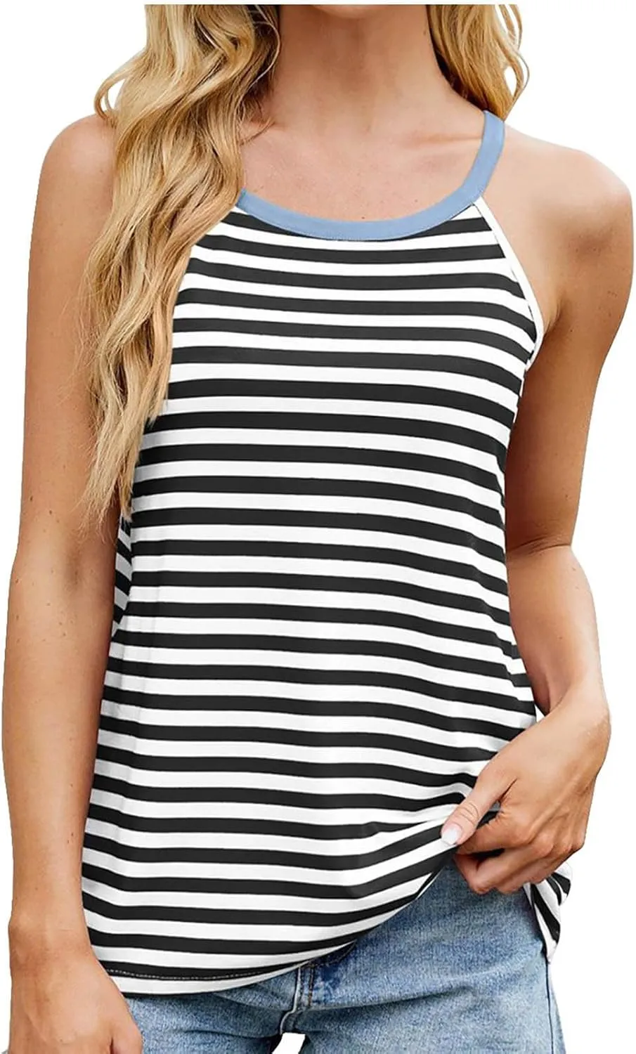 Striped Tank Tops for Women U Neck Lightweight Splicing Patchwork Trendy T-Shirt Cute Y2K Fashion Trendy Tees