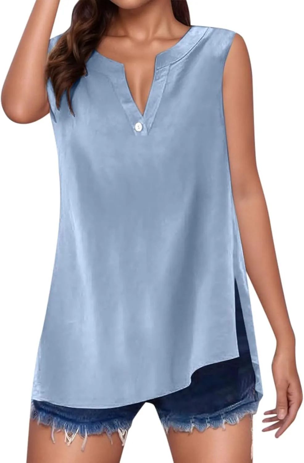 Summer Tops for Women 2025 Trendy Sleeveless Cotton Linen Tank Top Dressy Casual Button V Neck Tunic Blouses