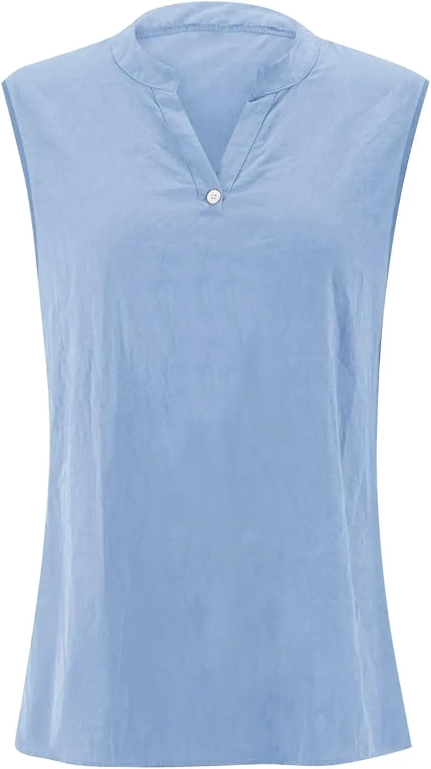 Summer Tops for Women 2025 Trendy Sleeveless Cotton Linen Tank Top Dressy Casual Button V Neck Tunic Blouses