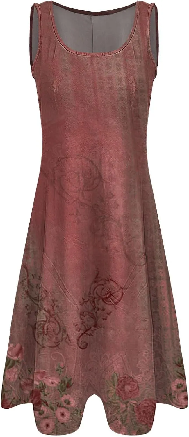 Sundresses for Women 2024 Casual Crewneck Printed Handkerchief Beach Dress Trendy High Waist Maxi Dress Summer Dress