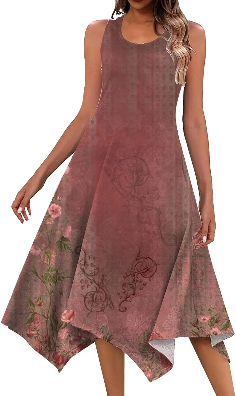 Sundresses for Women 2024 Casual Crewneck Printed Handkerchief Beach Dress Trendy High Waist Maxi Dress Summer Dress