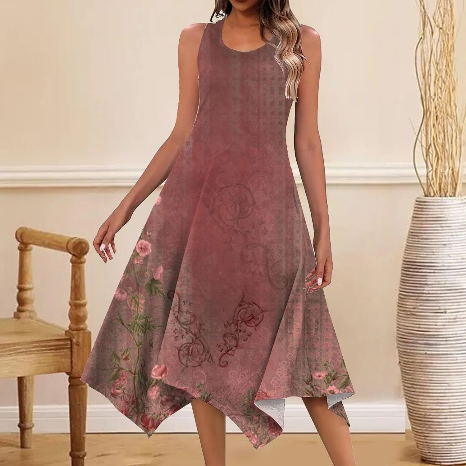 Sundresses for Women 2024 Casual Crewneck Printed Handkerchief Beach Dress Trendy High Waist Maxi Dress Summer Dress