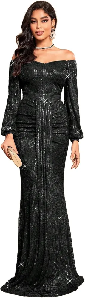 TOLEEN Women's Formal Sequin Bodycon Long Sleeve Prom Dresses Elegant Evening Party Maxi Dresses
