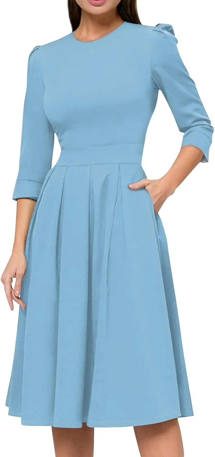 Vintage Midi Dresses for Women Modest 3/4 Sleeve Crew Neck Wrap Dress A Line Pleated Wedding Guest Dress with Pockets