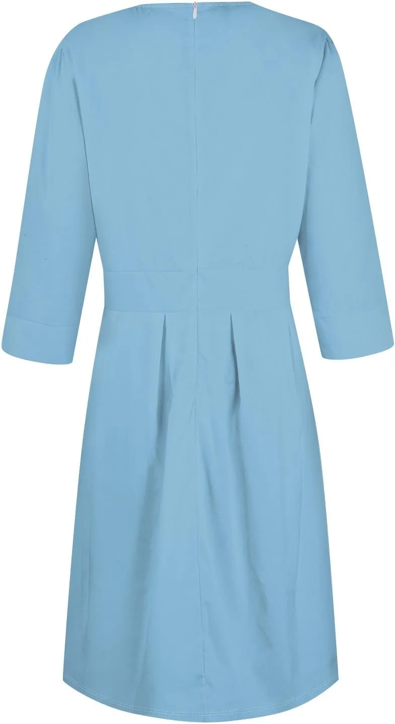 Vintage Midi Dresses for Women Modest 3/4 Sleeve Crew Neck Wrap Dress A Line Pleated Wedding Guest Dress with Pockets