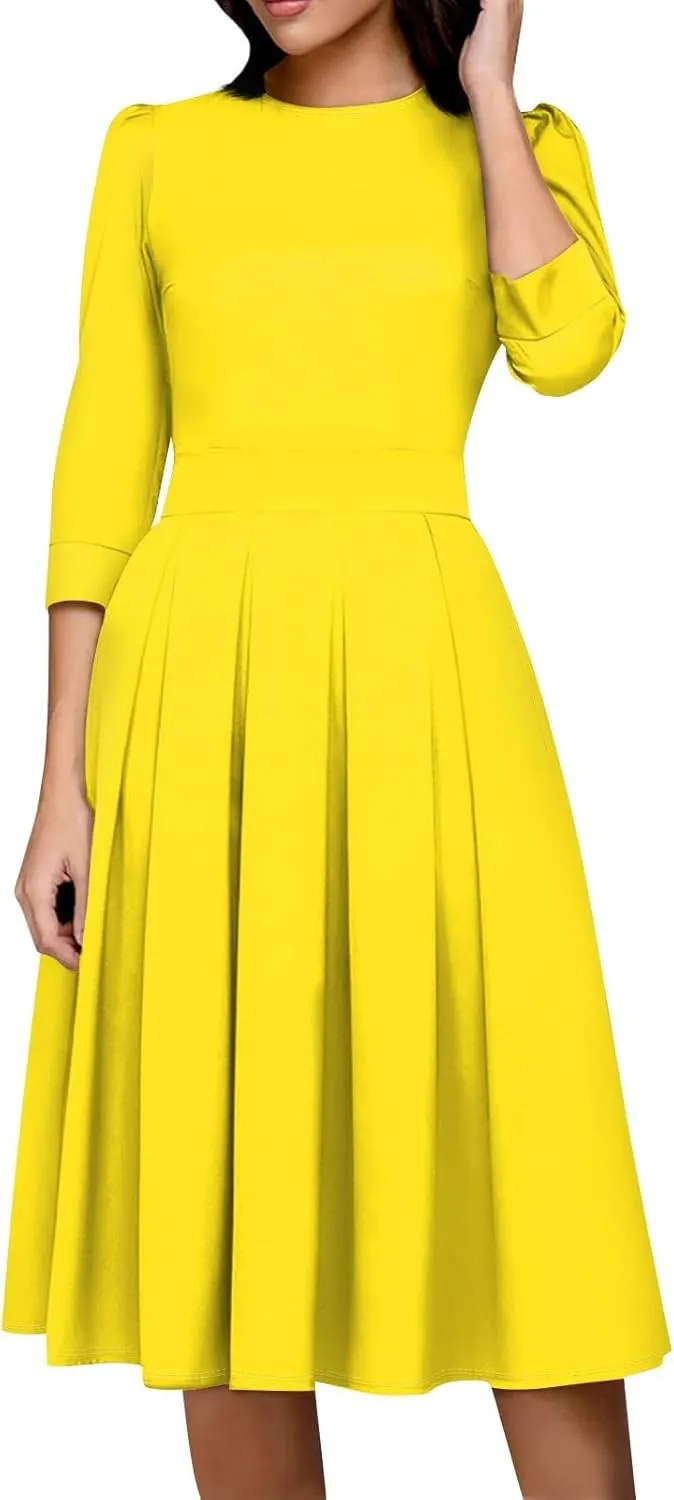 Vintage Midi Dresses for Women Modest 3/4 Sleeve Crew Neck Wrap Dress A Line Pleated Wedding Guest Dress with Pockets