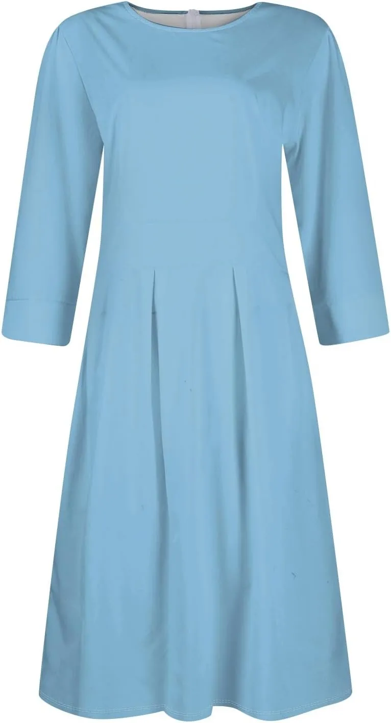 Vintage Midi Dresses for Women Modest 3/4 Sleeve Crew Neck Wrap Dress A Line Pleated Wedding Guest Dress with Pockets