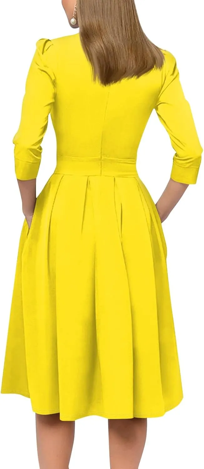 Vintage Midi Dresses for Women Modest 3/4 Sleeve Crew Neck Wrap Dress A Line Pleated Wedding Guest Dress with Pockets