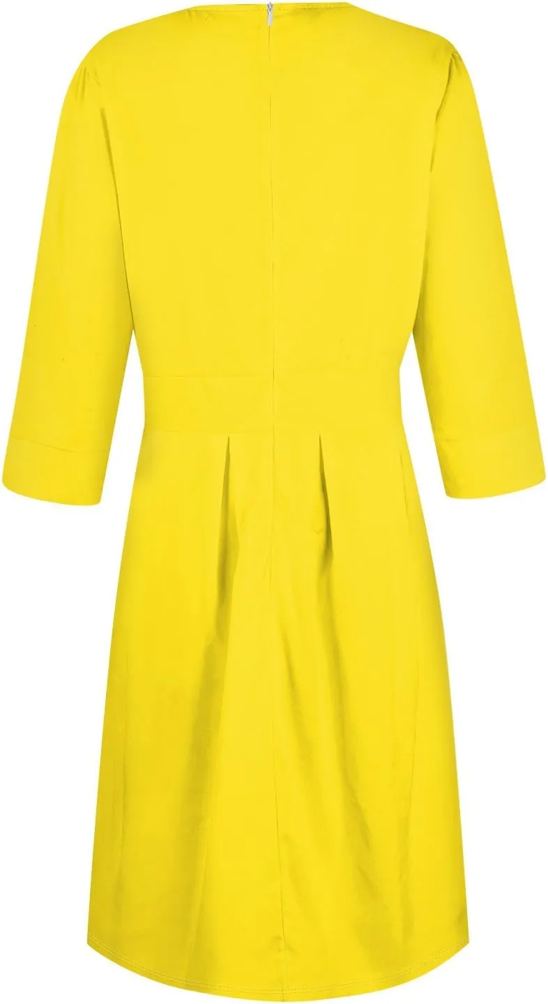 Vintage Midi Dresses for Women Modest 3/4 Sleeve Crew Neck Wrap Dress A Line Pleated Wedding Guest Dress with Pockets
