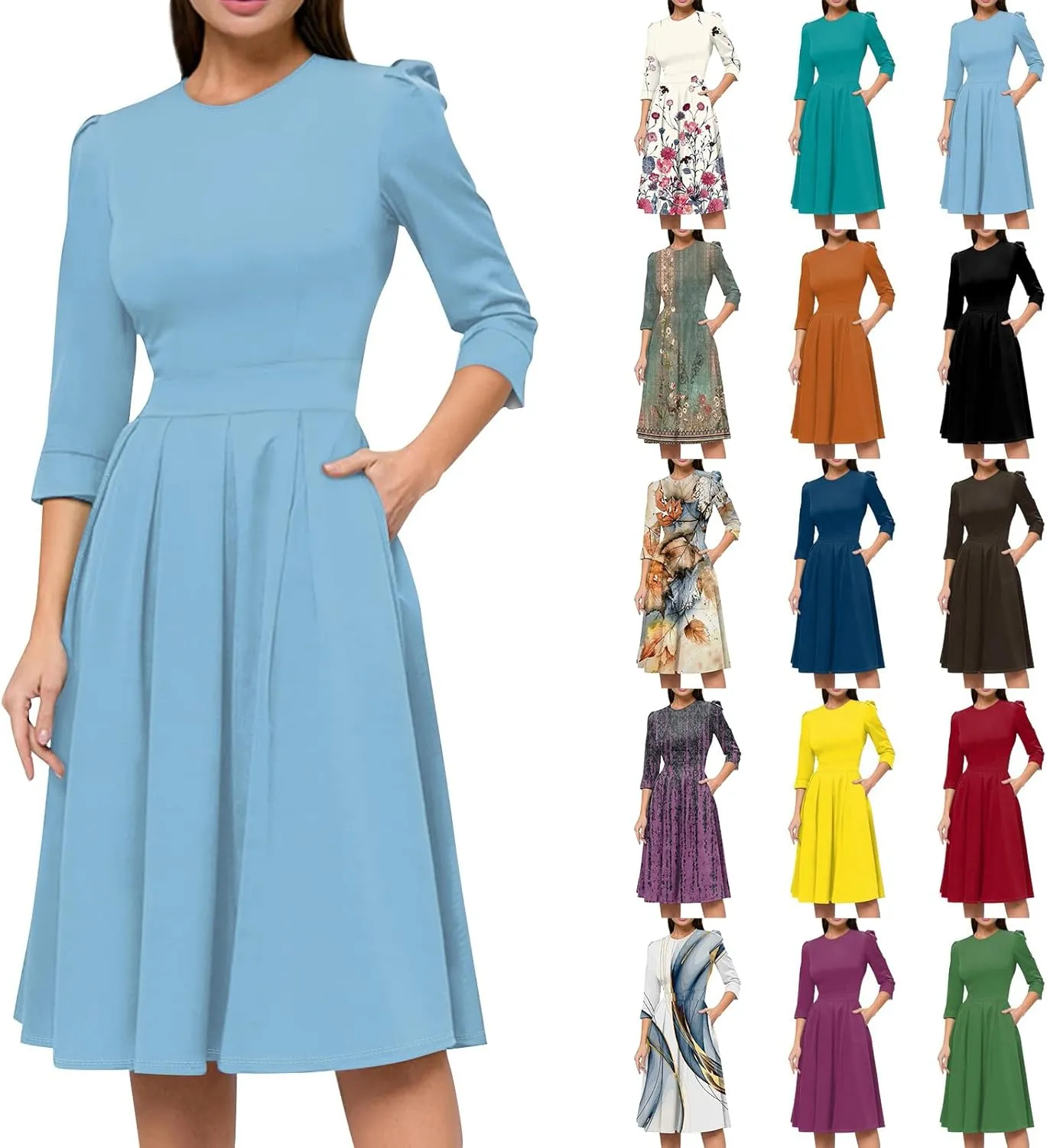 Vintage Midi Dresses for Women Modest 3/4 Sleeve Crew Neck Wrap Dress A Line Pleated Wedding Guest Dress with Pockets