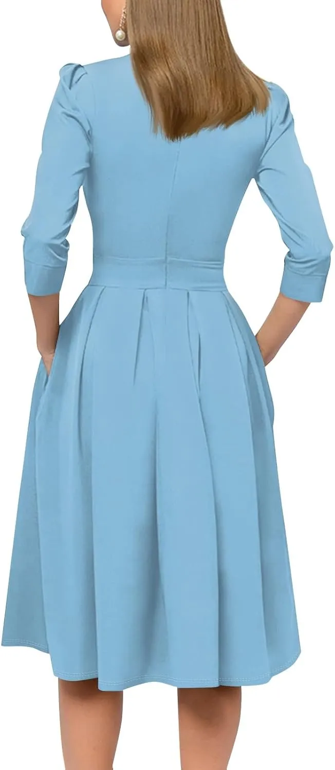 Vintage Midi Dresses for Women Modest 3/4 Sleeve Crew Neck Wrap Dress A Line Pleated Wedding Guest Dress with Pockets