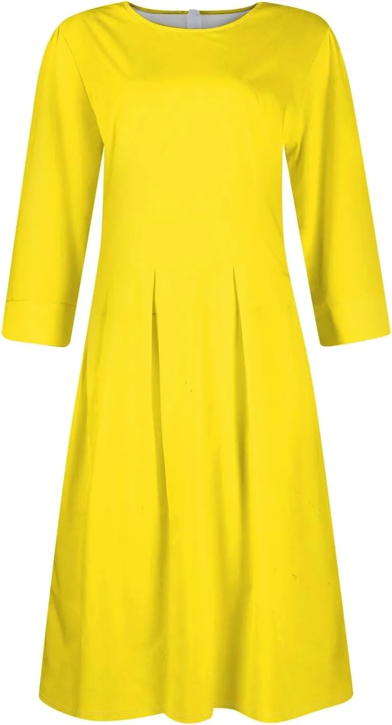 Vintage Midi Dresses for Women Modest 3/4 Sleeve Crew Neck Wrap Dress A Line Pleated Wedding Guest Dress with Pockets