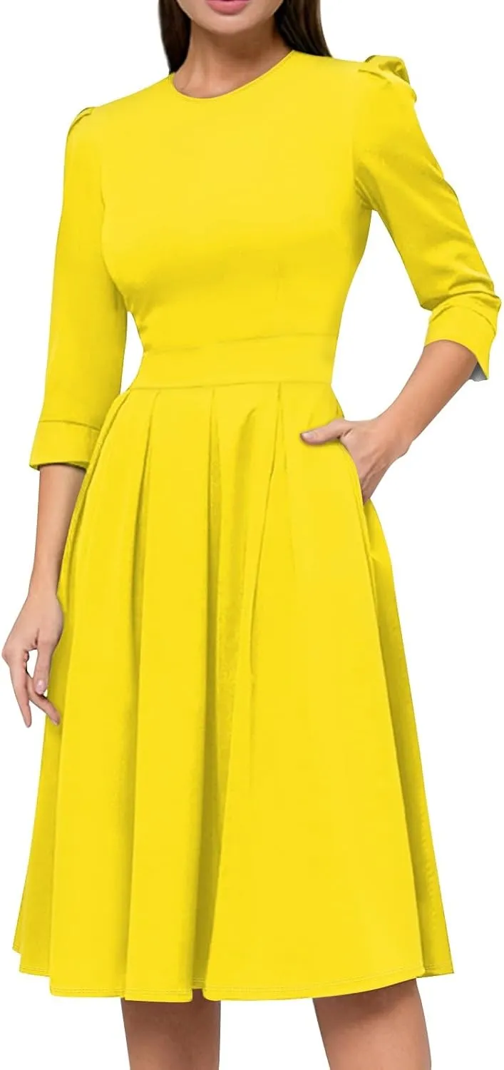 Vintage Midi Dresses for Women Modest 3/4 Sleeve Crew Neck Wrap Dress A Line Pleated Wedding Guest Dress with Pockets