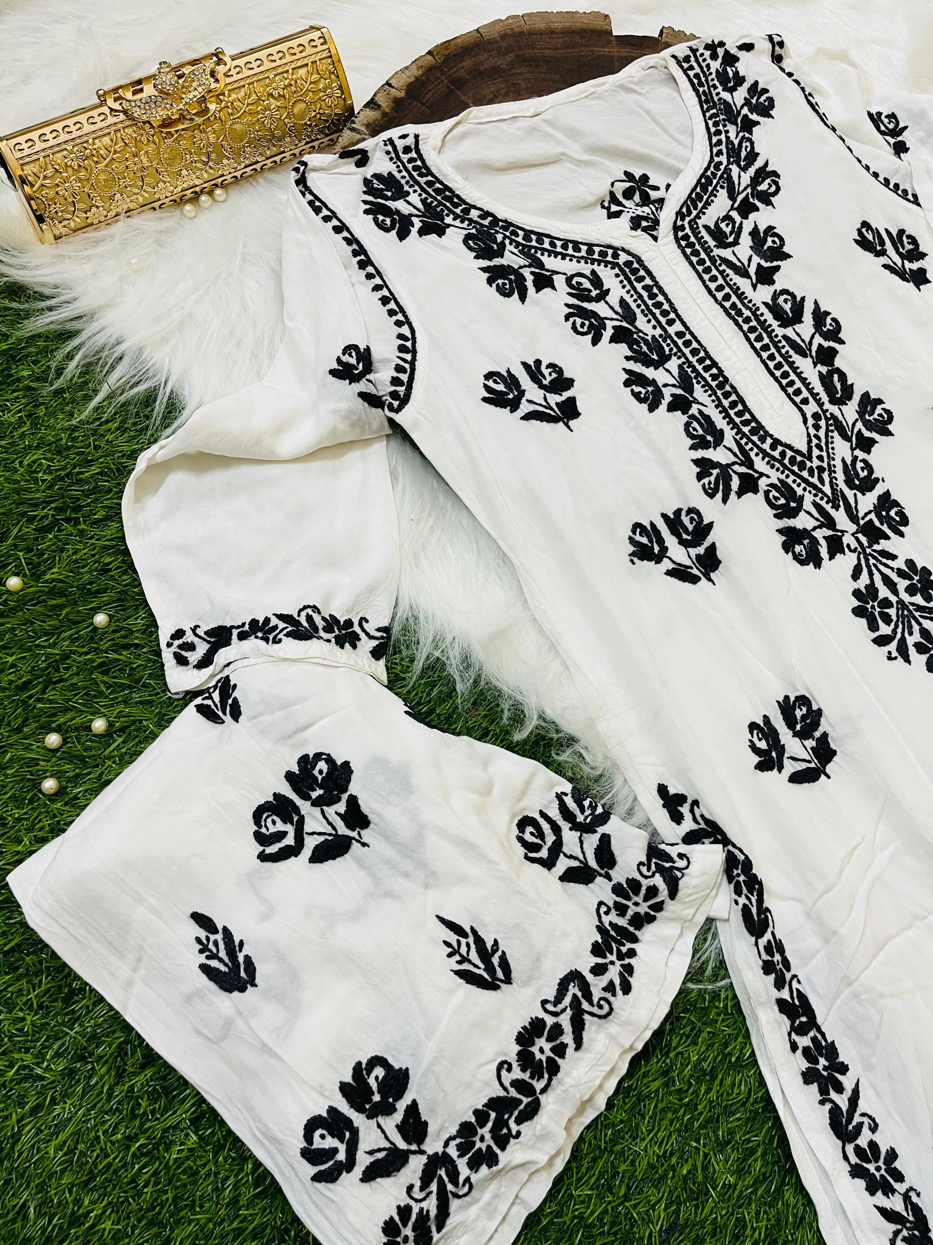 White Cotton Rayon Chikankari Kurti Set (White & Black)