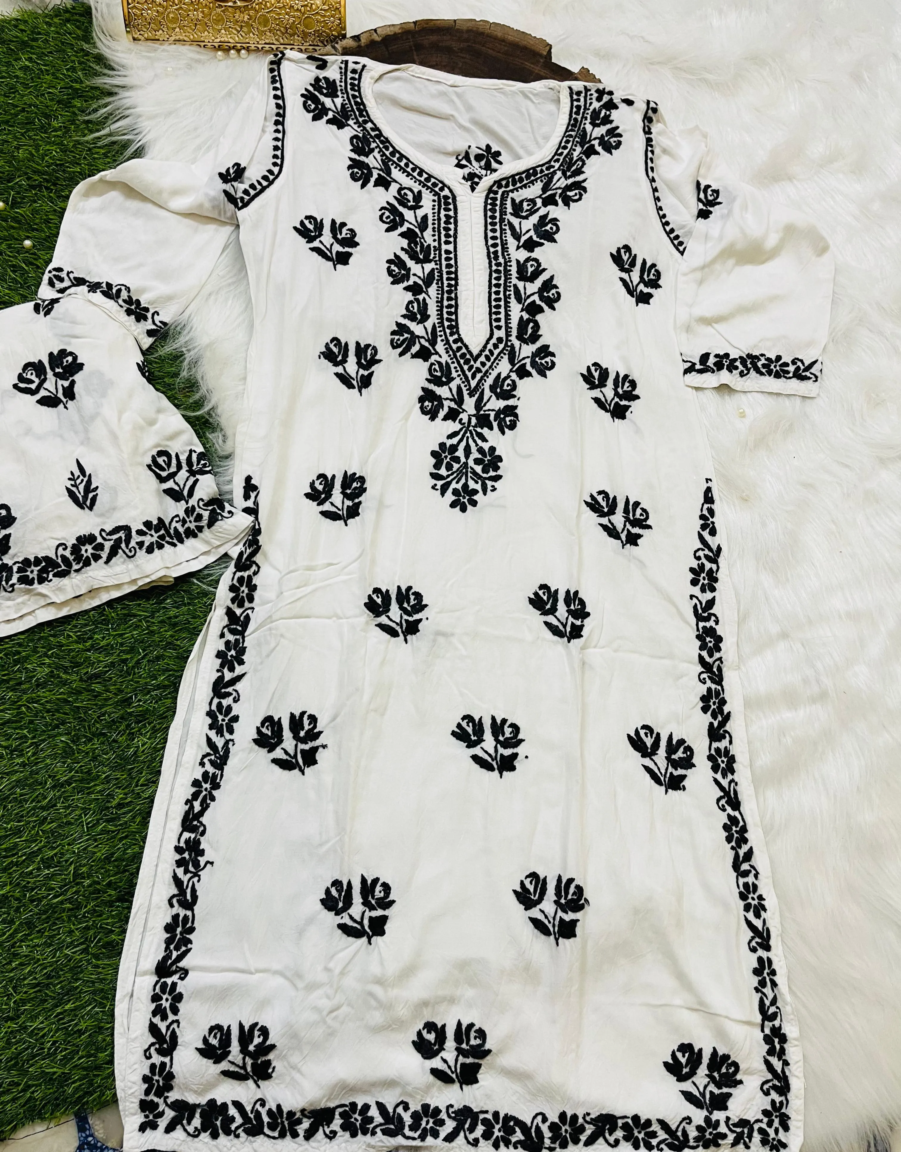 White Cotton Rayon Chikankari Kurti Set (White & Black)