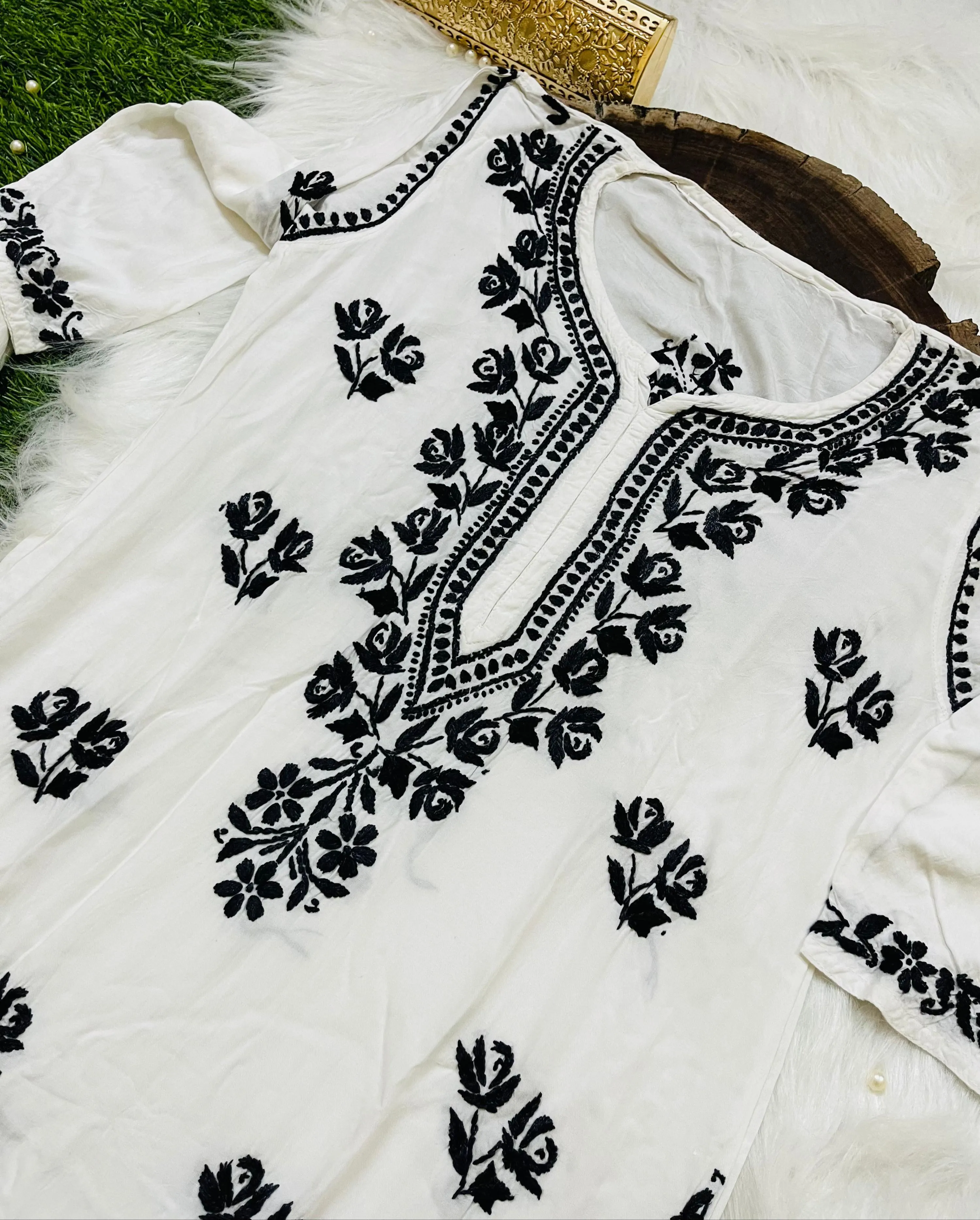 White Cotton Rayon Chikankari Kurti Set (White & Black)