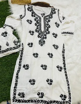 White Cotton Rayon Chikankari Kurti Set (White & Black)