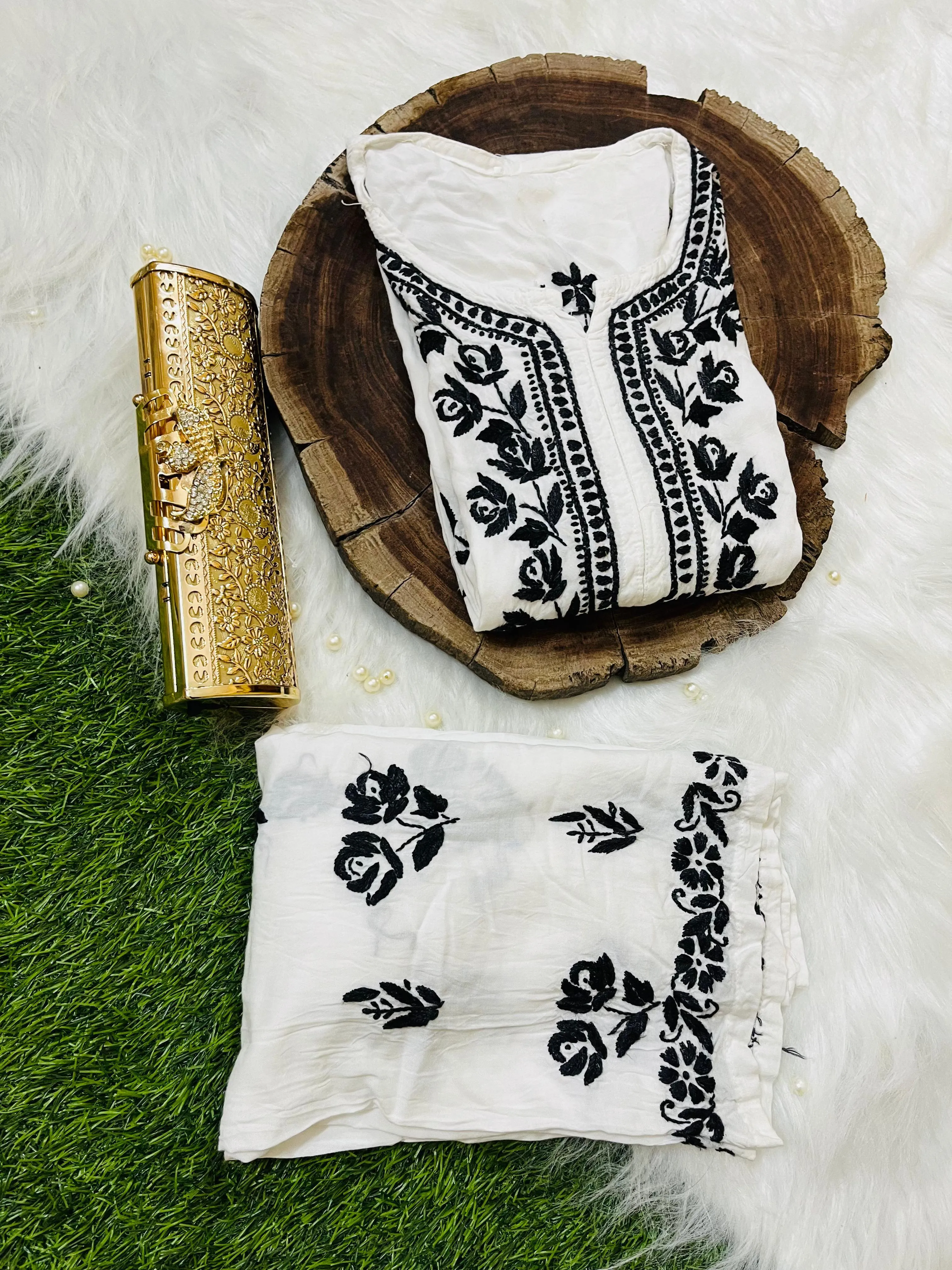White Cotton Rayon Chikankari Kurti Set (White & Black)