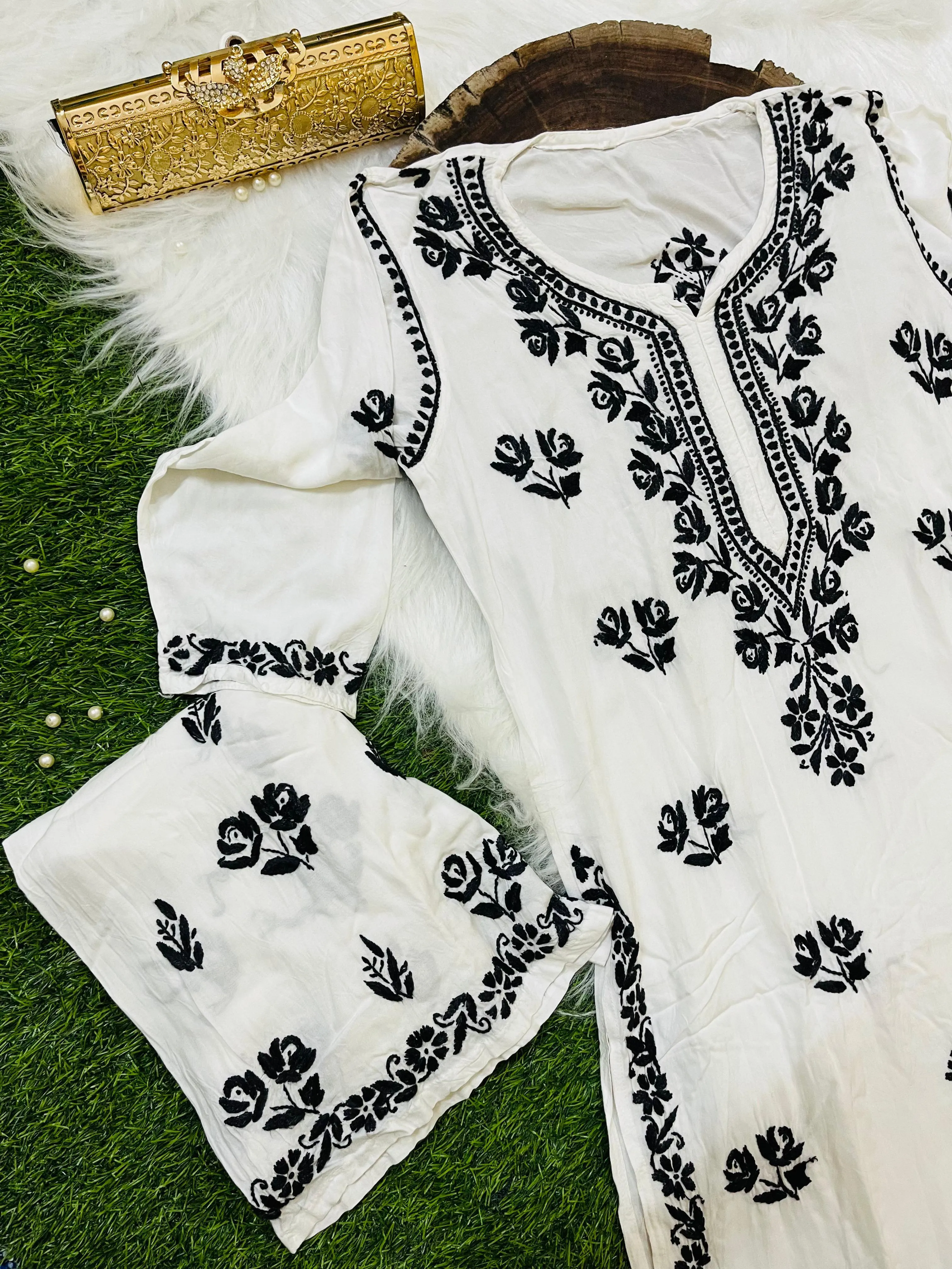 White Cotton Rayon Chikankari Kurti Set (White & Black)
