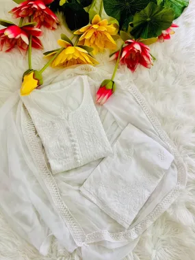 White Lucknow Chikankari Hand Work Dobby Cotton Tone-to-Tone 3-Piece Co-ord Palazzo Set with Chiffon Dupatta