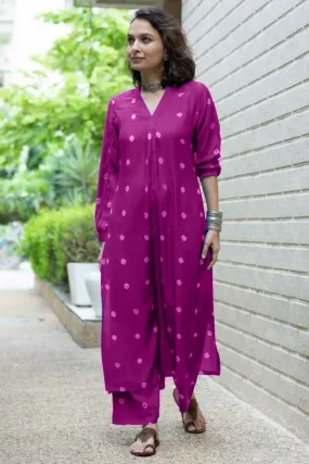 Wine Bandhani Cotton Kurta Palazzo Set