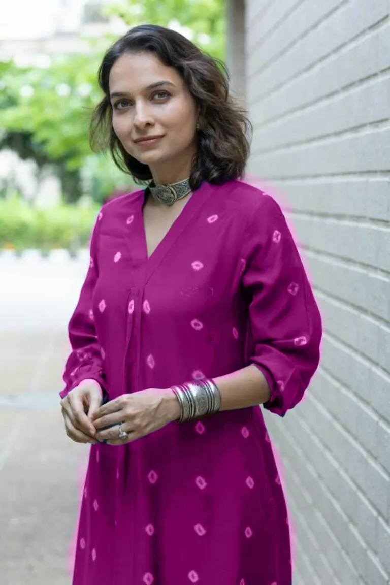 Wine Bandhani Cotton Kurta Palazzo Set