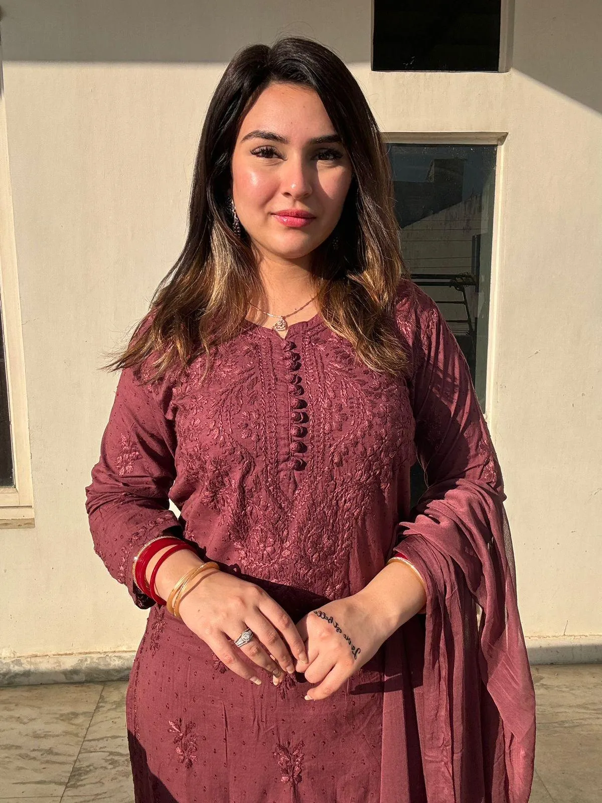 Wine Lucknow Chikankari Hand Work Dobby Cotton Tone-to-Tone 3-Piece Co-ord Palazzo Set with Chiffon Dupatta