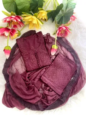 Wine Lucknow Chikankari Hand Work Dobby Cotton Tone-to-Tone 3-Piece Co-ord Palazzo Set with Chiffon Dupatta