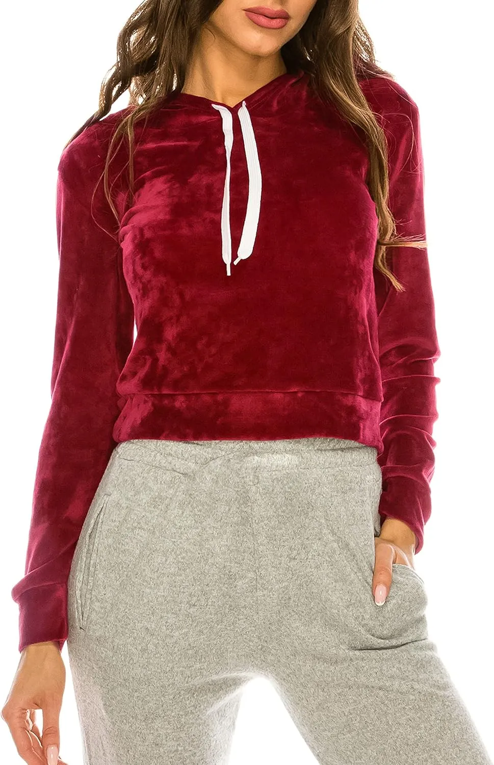 Women Velvet Hoodie Sweatshirt - Premium Soft Long Sleeve Drawstring Pullover Crop Top Sweatshirt