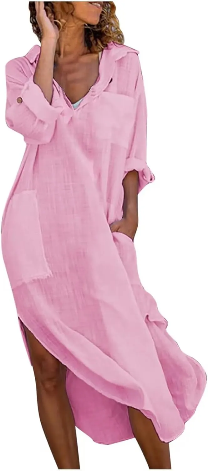 Womens Button Down Shirt Dress Summer Cotton Linen Casual Loose Maxi Dresses Beach Breathable Vacation Flowy Dresses